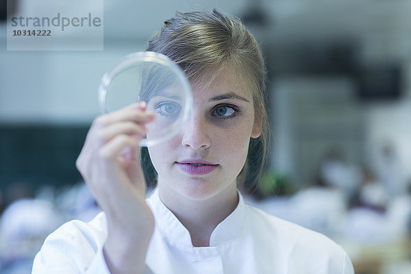 Junge Naturwissenschaftlerin beobachtet Bakterienkultur in der Petrischale im Labor für Mikrobiologie