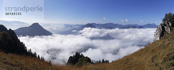 Deutschland  Bayern  Oberbayern  Chiemgau  Chiemgauer Alpen  Nussdorf am Inn  Blick von Heuberg auf Wildbarren  Kranzhorn links und Wendelstein rechts