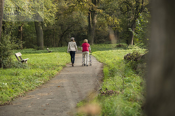Seniorin und Enkelin beim gemeinsamen Spaziergang im Park  Rückansicht