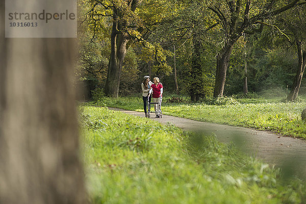 Seniorin und Enkelin gehen zusammen in einem Park spazieren.