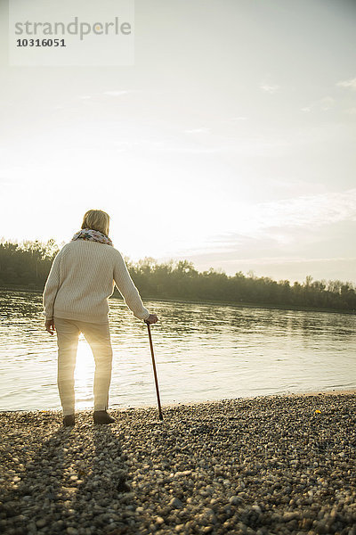 Seniorin mit Spazierstock am Wasser stehend  Sonnenuntergang beobachtend  Rückansicht