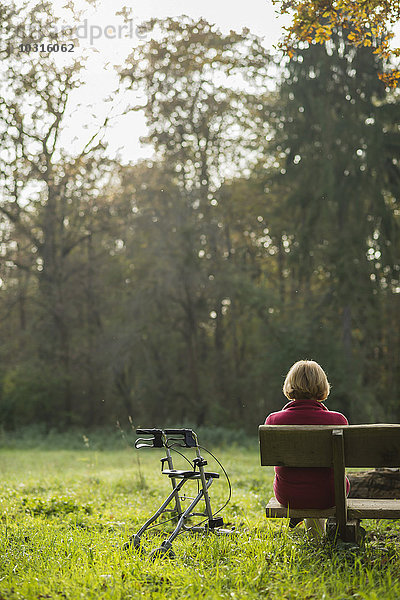 Seniorin mit Rollator auf einer Parkbank sitzend  Rückansicht