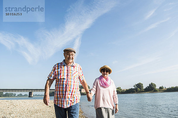 Deutschland  Ludwigshafen  glückliches Seniorenpaar  das Hand in Hand am Flussufer spazieren geht.
