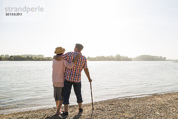 Deutschland  Ludwigshafen  Rückansicht des Seniorenpaares mit Arm in Arm am Flussufer