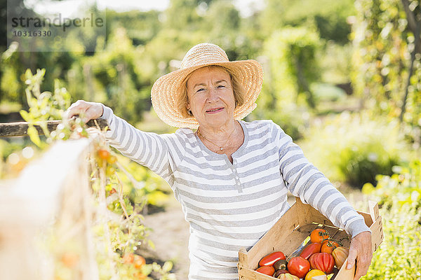 Lächelnde Seniorin im Garten mit Kiste und verschiedenen Tomaten