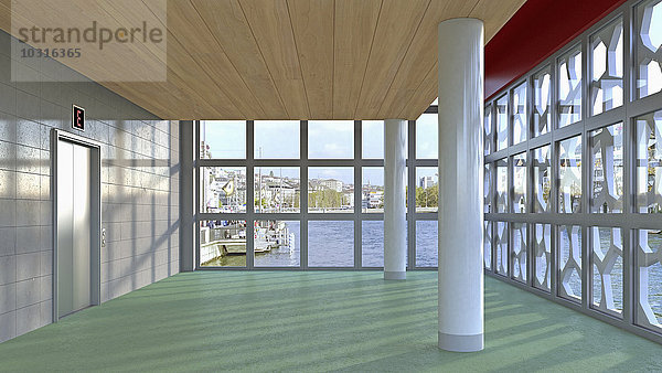 Foyer mit Säulen  Aufzug  Grünbetonboden und Holzdecke  3D-Rendering