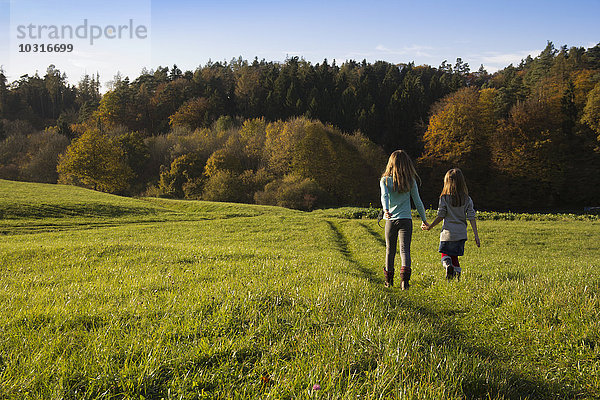 Deutschland  Bayern  Landshut  zwei Mädchen auf der Wiese im Herbst