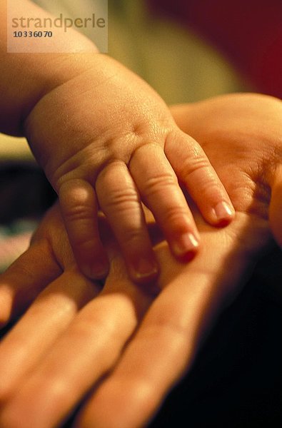 Eine Babyhand berührt die Hand einer erwachsenen Person