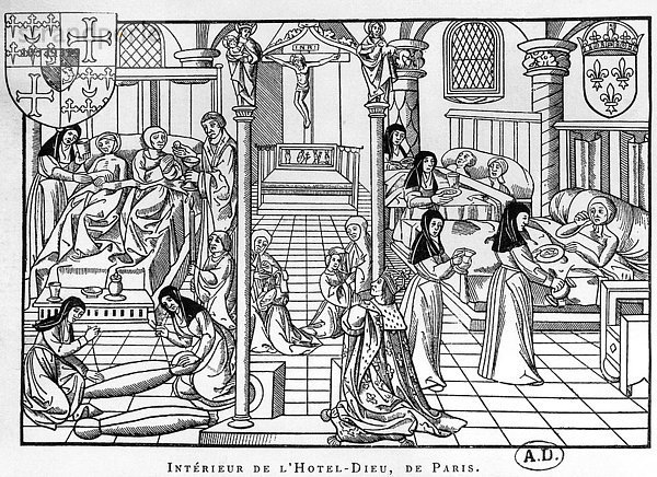 Eine Station im Hotel-Dieu  Paris  aus Wissenschaft und Literatur im Mittelalter und in der Renaissance   geschrieben und gestochen von Paul Lacroix (Stich) (s/w-Foto)