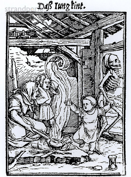 Der Tod nimmt ein Kind  aus der Serie Totentanz   gestochen von Hans Lutzelburger  um 1526-8 (Holzschnitt) (s/w Foto)