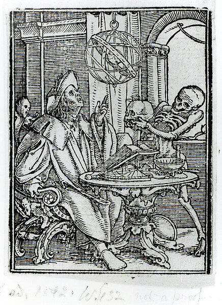 Der Tod und der Astronom  aus Der Totentanz   gestochen von Hans Lutzelburger  um 1538 (Holzschnitt) (s/w Foto)