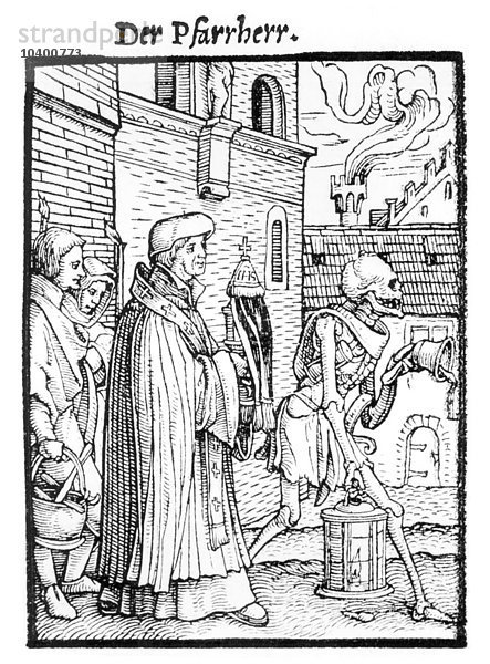 Der Tod und der Pfarrer  aus Der Totentanz   gestochen von Hans Lutzelburger  um 1538 (Holzschnitt) (s/w Foto)