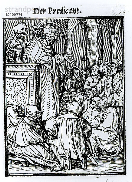 Der Tod und der Prediger  aus Der Totentanz   gestochen von Hans Lutzelburger  um 1538 (Holzschnitt) (s/w Foto)