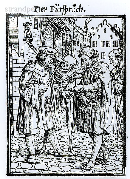 Der Tod und der Barrister  aus Der Totentanz   gestochen von Hans Lutzelburger  um 1538 (Holzschnitt) (s/w Foto)