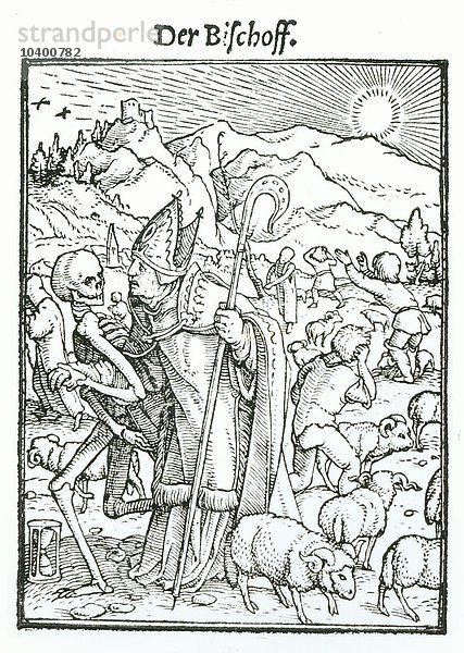 Der Tod und der Bischof  aus Der Totentanz   gestochen von Hans Lutzelburger  um 1538 (Holzschnitt) (s/w Foto)