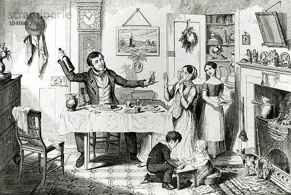 Die Flasche  Tafel I  Die Flasche wird zum ersten Mal hergestellt: der Ehemann bringt seine Frau dazu  nur einen Tropfen zu nehmen   1847  (Kupferstich)