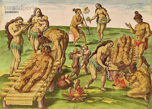 Wie die Indianer ihre Kranken behandeln  aus Brevis Narratio...   gestochen von Theodore de Bry (1528-98)  erschienen in Frankfurt  1591 (kolorierter Stich)
