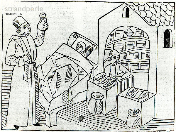 Ein Patient mit einem Arzt und einem Apotheker aus Le Livre des proprietes des choses von Barthelemy l'Anglaise  1482 (Holzschnitt) (s/w Foto)