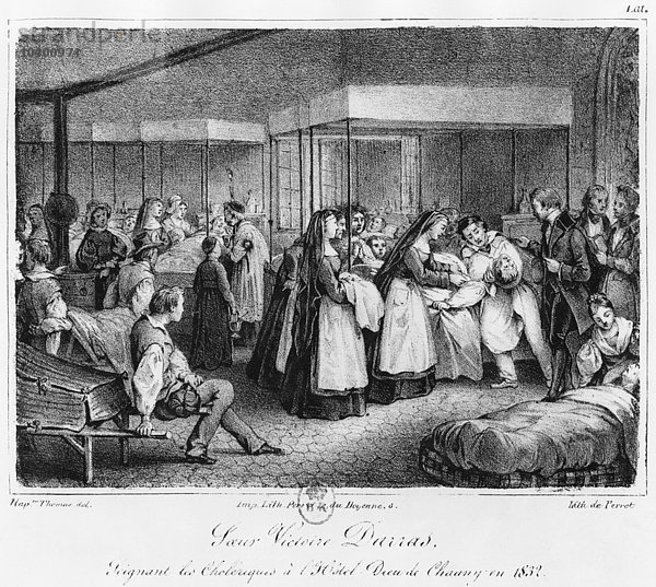 Schwester Victoire Darras bei der Versorgung der Cholera-Opfer im Hotel-Dieu von Chauny  1832 (Litho) (s/w-Foto)