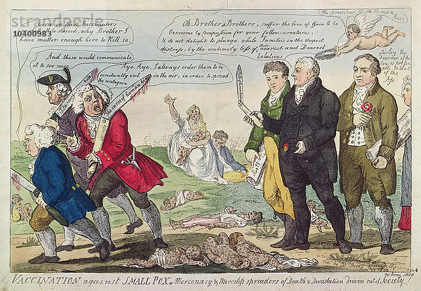 Impfung gegen Pocken oder Söldner und gnadenlose Verbreiter von Tod und Verderben aus der Gesellschaft vertrieben  1808 (Farbradierung)