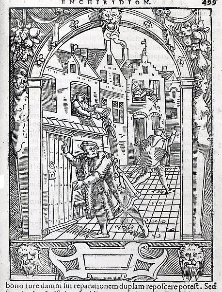 Leeren der Kammertöpfe  Illustration aus Praxis rerum criminalium von Joose de Damhouder  1554 (Holzschnitt) (s/w-Foto)