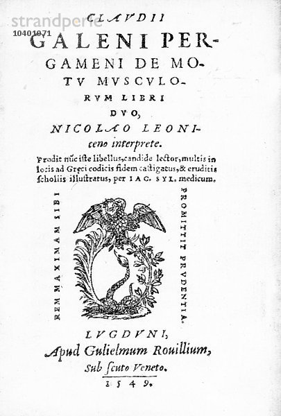Titelblatt zu 'Claudii Galeni Pergameni De Motu Musculorum Libri Duo'  einer Sammlung von Werken von Claudius Galen  veröffentlicht im Jahr 1549 (Druck)