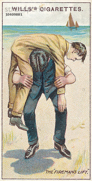 Englische Schule  (20. Jahrhundert) The Firemans Lift No.1  Nr.18 aus der First Aid Serie von Willss Zigarettenkarten  1913 (Farblitho)