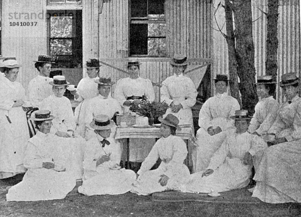 Englischer Fotograf  (20. Jahrhundert) Krankenschwestern im Pestkrankenhaus  Uitvlugt  in der Nähe von Kapstadt  Illustration aus The King  25. Mai 1901 (s/w Foto)