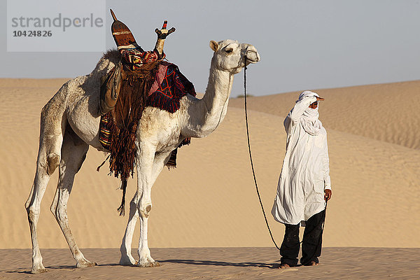 Kameltreiber beim Blick in die Sahara-Wüste.