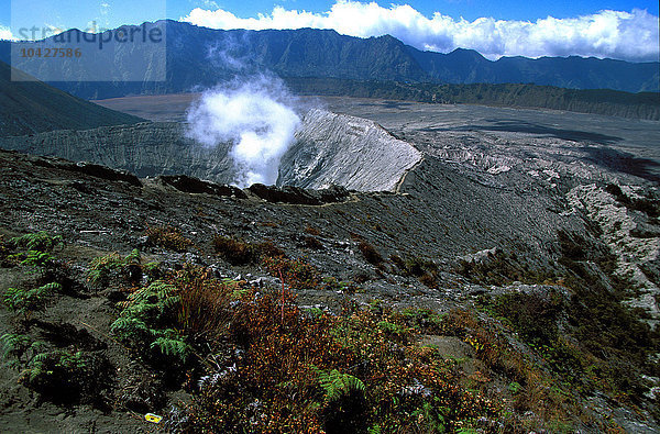 Caldeira und die Vulkane Bromo (2.329 m) und Semeru (3.676 m) auf Java.