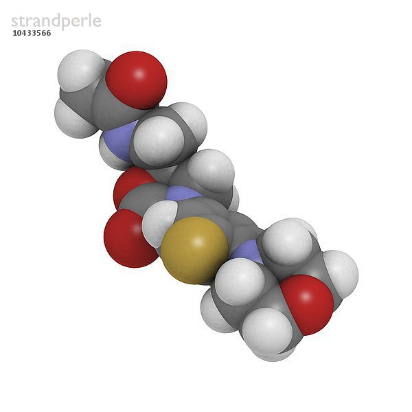 Antibiotisches Molekül Linezolid. Dieses synthetische Antibiotikum wird zur Behandlung von Infektionen eingesetzt  die gegen andere Antibiotika resistent geworden sind. Die Atome sind als Kugeln dargestellt und farblich kodiert: Wasserstoff (weiß)  Kohlenstoff (grau)  Sauerstoff (rot)  Stickstoff (blau)  Schwefel (gelb). Linezolid-Antibiotikum-Molekül