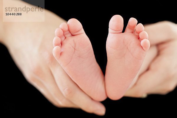 MODELL FREIGEGEBEN. Baby's Füße. Mutter hält die Füße ihrer 5 Wochen alten Tochter Baby's feet