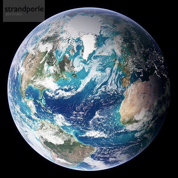 Blue Marble-Bild der Erde. Zusammengesetztes Satellitenbild der westlichen Hemisphäre der Erde  zentriert auf den Atlantischen Ozean. Norden ist oben. Das Bild gehört zu einer Serie mit dem Titel ^IBlue Marble: Next Generation^i  die im Oktober 2005 veröffentlicht wurde und eine Verbesserung von ^IBlue Marble 2000^i darstellt. Die neuen Bilder kombinieren Daten  die über einen längeren Zeitraum gesammelt wurden  mit einer verbesserten Auflösung von 500 Metern pro Pixel. Zu den Merkmalen gehören die Wolkenbedeckung  die Ozeane  die Phytoplanktonaktivität  die Topografie und die Lichter der Städte im nächtlichen Teil der Hemisphäre. Die Daten wurden hauptsächlich durch das Moderate Resolution Imaging Spectroradiometer (MODIS) der NASA an Bord der Satelliten ^ITerra^i und ^IAqua^i zwischen Juli 2001 und Juli 2004 gewonnen. Die Topografie basiert auf Radardaten  die mit dem Space Shuttle Endeavor gesammelt wurden. Blue Marble-Bild der Erde (2005)