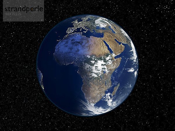 Afrika  Nacht-Tag-Satellitenbild. Dieses zusammengesetzte Bild der Erde steht vor einem Sternenhintergrund und ist auf den Kontinent Afrika zentriert. Norden ist oben. Die linke Hälfte des Globus ist nachts  und die Lichter der Städte (gelb) zeigen dicht besiedelte Gebiete. Die rechte Hälfte des Globus wird vom Sonnenlicht beleuchtet und zeigt Wolken (weiß)  Meere und Ozeane (blau) sowie die Landbedeckung: Vegetation (grün) und trockene Gebiete (braun). Diese Tag-Nacht-Linie ist der Terminator der Morgendämmerung. Dieses Bild aus dem Jahr 2001 kombiniert Daten von verschiedenen Satellitensensoren (AVHRR  SeaWiFS  MODIS) für die sonnenbeschienenen Gebiete. Die nächtlichen Daten stammen aus dem Defense Meteorological Satellite Program (DMSP). Für die einzelnen Bilder siehe E074/080 und E050/678. Afrika  Nacht-Tag-Satellitenbild