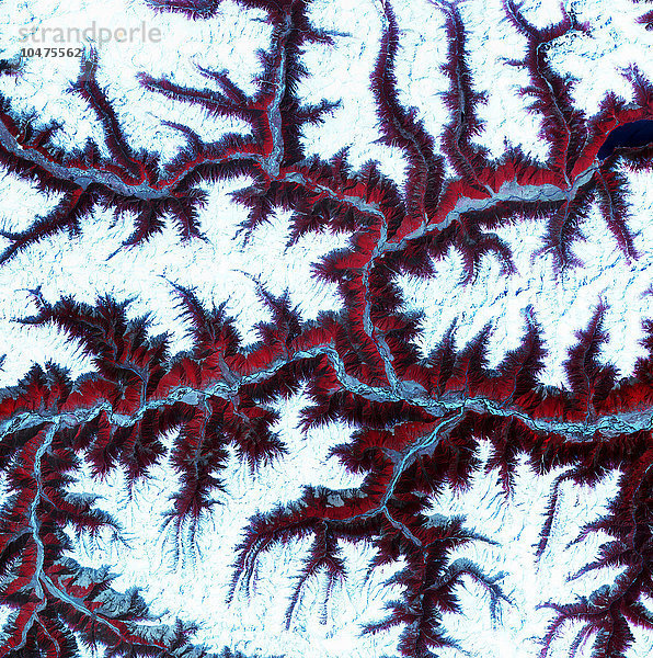 Östliches Himalaya-Gebirge  Satellitenbild. Norden ist oben. Schnee ist weiß  Vegetation ist rot  karge Gebiete sind hellblau und Wasser ist dunkelblau. Dies ist eine Region des östlichen Himalaya  in China  nordöstlich von Bhutan. Die Landschaft besteht aus aufragenden Bergen mit schneebedeckten Gipfeln und Vegetation an den unteren Hängen. Durch die Täler fließen große Flüsse  die von Gletscherschmelzwasser gespeist werden. Die kargen Gebiete (hellblau) sind dort  wo die Flüsse Sedimente abgelagert haben. Das auf diesem Bild gezeigte Gebiet ist etwa 60 Kilometer breit. Die Bilddaten umfassen infrarote Wellenlängen und wurden am 17. Februar 2002 mit dem ASTER-Sensor des Terra-Satelliten aufgenommen. Östlicher Himalaya  Satellitenbild