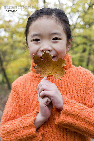 MODELL FREIGEGEBEN. Mädchen hält ein Herbstblatt Mädchen hält ein Herbstblatt