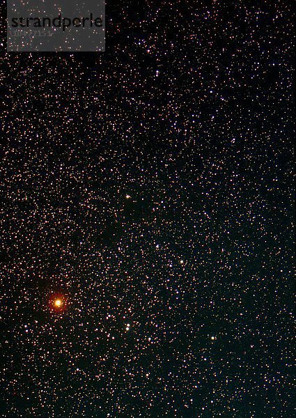 Der rote Riesenstern Aldebaran dominiert das Bild der Sterne im Sternbild Taurus. Die relativ hellen weißen Sterne  die in unregelmäßigen Abständen rechts von ihm zu sehen sind  gehören zum Hyaden-Sternhaufen  der viel weiter entfernt ist als Aldebaran. Ein weiterer kleiner Sternhaufen ist oben links zu sehen. 10-cm  f/5  dreifarbig  Sternbild Stier