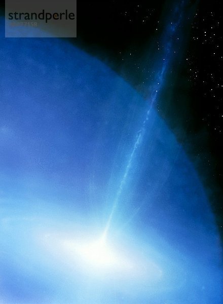 Mikroquasar-Kunstwerk. Ein Mikroquasar ist ein kleines schwarzes Loch  das einen größeren Stern umkreist. Das Schwarze Loch sendet von seinen Polen aus schnelle Plasmastrahlen aus (einer davon  blau  unten in der Mitte bis oben rechts zu sehen). Seine gewaltige Gravitationskraft saugt Materie von seinem Begleitstern (blau) ab und bildet eine Akkretionsscheibe (weiß  unten in der Mitte)  die das Loch umkreist. Diese sendet Röntgenstrahlen aus  da sie schneller rotiert und heißer wird  wenn sie sich dem Loch nähert. Die Jets senden Radiowellen aus und ähneln denen  die von Quasaren ausgestrahlt werden. Ein Quasar ist ein supermassereiches schwarzes Loch  das im Zentrum einiger aktiver Galaxien zu finden ist und den Kern der Galaxie extrem hell macht.