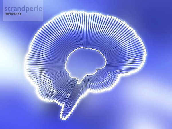 Computergrafik eines Umrisses des menschlichen Gehirns  dargestellt durch Lichtstrahlen  Umriss des Gehirns  Kunstwerk