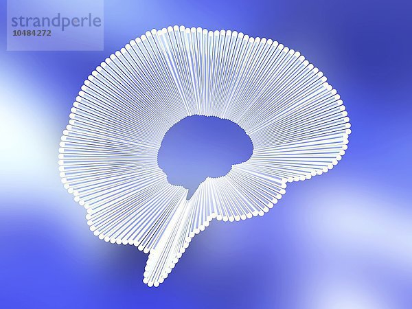 Computergrafik eines Umrisses des menschlichen Gehirns  dargestellt durch Lichtstrahlen  Umriss des Gehirns  Kunstwerk