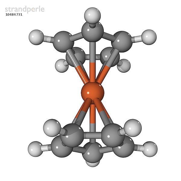 Ferrocen  molekulares Modell. Die Form dieser metallorganischen Verbindung hat dazu geführt  dass sie und verwandte Verbindungen als Sandwichverbindungen bezeichnet werden. Die Atome sind als Kugeln dargestellt und farblich codiert: Kohlenstoff (grau)  Wasserstoff (weiß) und Eisen (orange). Ferrocen-Molekül