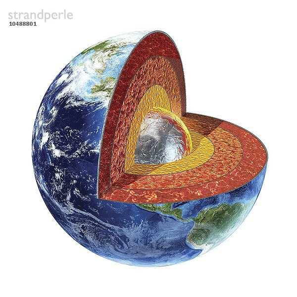 Das Innere der Erde  Computergrafik. Die Kruste ist rot  der Mantel ist orange  der äußere Kern ist gelb und der innere Kern ist silbern. Erdinneres  Kunstwerk