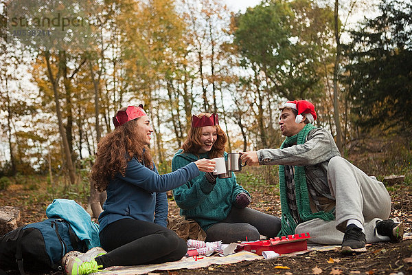 Junge Freunde mit Weihnachtsmützen und Kronentoast im Wald