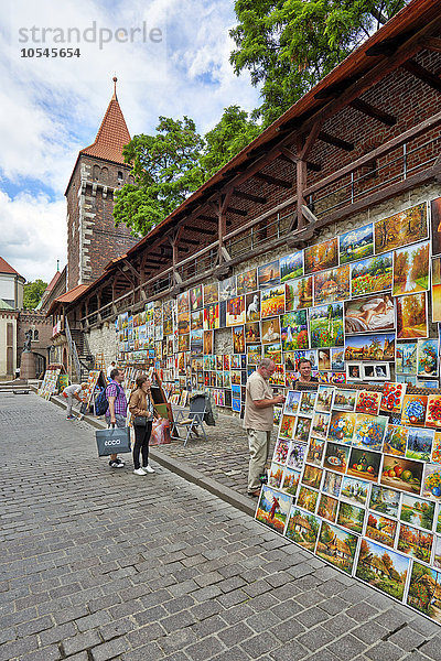 Kunstgemälde an der Stadtmauer  Krakau  Polen  Europa