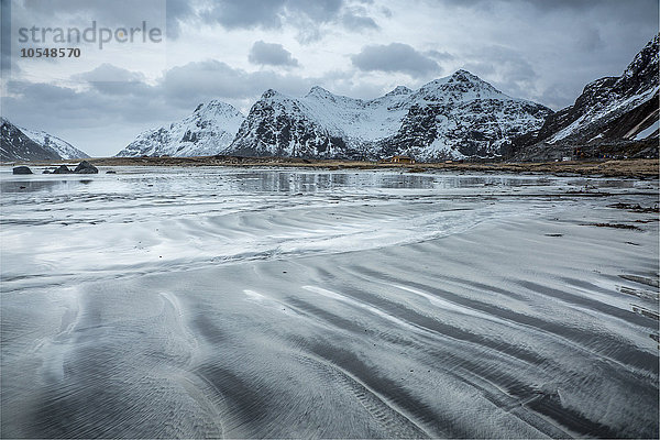 Schneebedeckte Berge hinter kaltem Strand  Skagsanden Strand  Lofoten Inseln  Norwegen