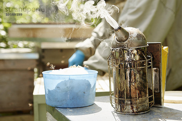 Ein Imker bei der Arbeit an seinen Bienenstöcken.