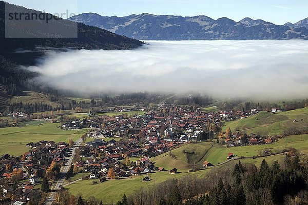 Ausblick in das Ostrachtal mit Bad Hindelang  teilweise bedeckt von Nebel  Nebelschwaden  Allgäu  Bayern  Deutschland  Europa