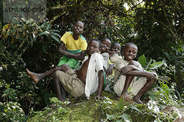Kinder  Jungen sitzen im Urwald  Matamba-Solo  Provinz Bandundu  Republik Kongo