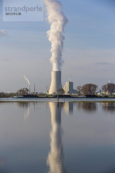 Kühlturm des Kohlekraftwerks Duisburg Walsum  Spiegelung in überschwemmter Rheinwiese  Rheinschiff transportiert Kohle  Duisburg  Nordrhein-Westfalen  Deutschland  Europa