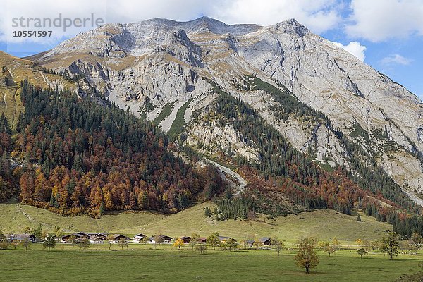 Almdorf Eng  Almhütten vor Herbstwald und Bergmassiv  Eng-Alm  Hinterriss  Karwendelgebirge  Tirol  Österreich  Europa
